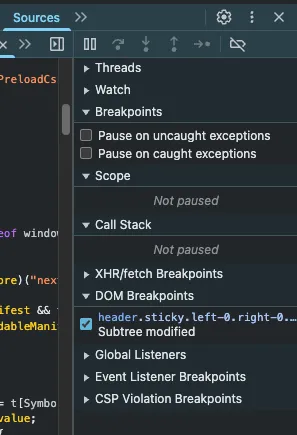 크롬 개발자도구 breakpoint source탭